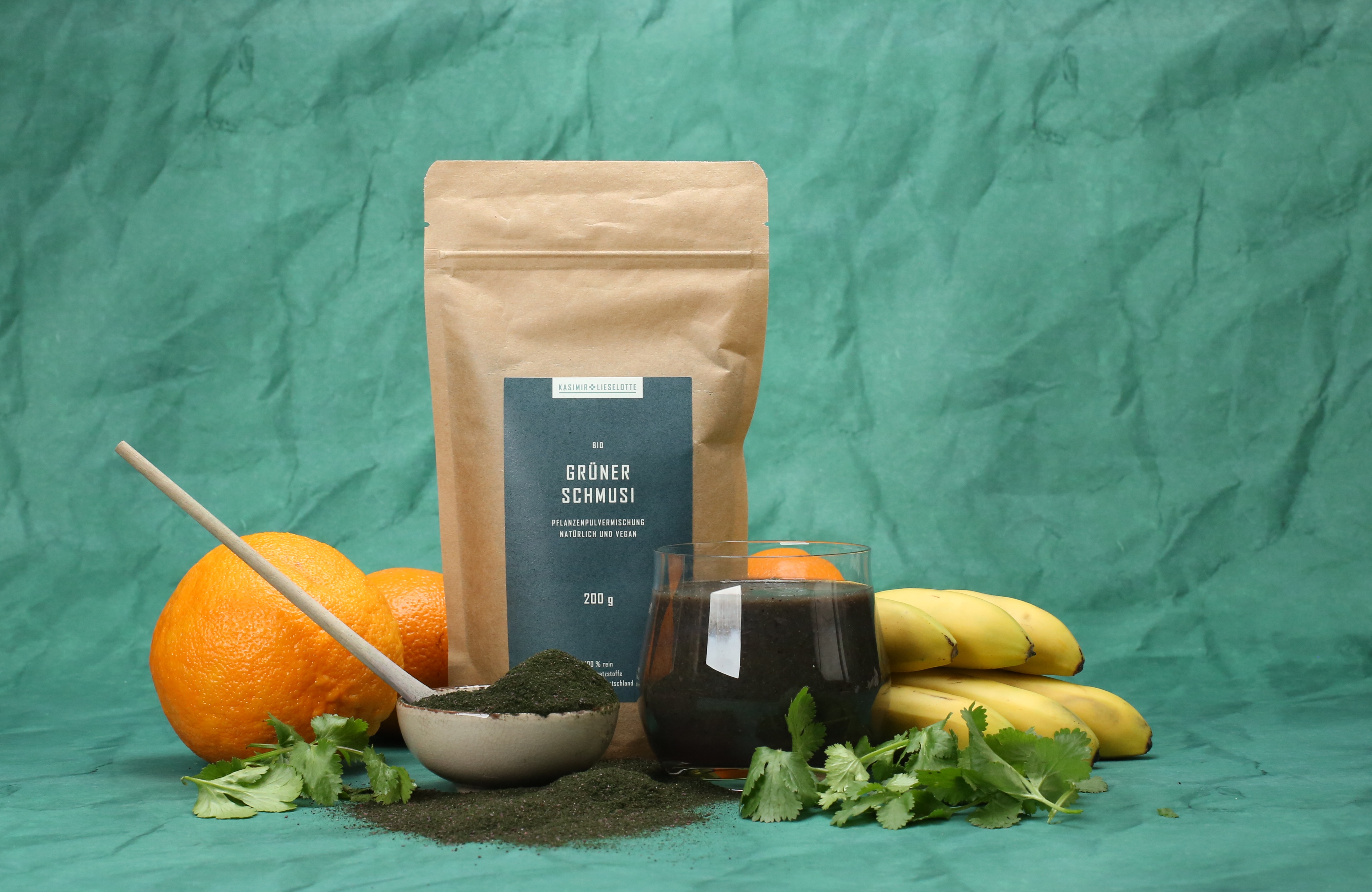 Grüner Schmusi + Koriander Paket: Grüner Schmusi Pulver Bio 200 g und Koriander Tinktur alkoholfrei Bio 100 ml für den Smoothie nach Anthony William